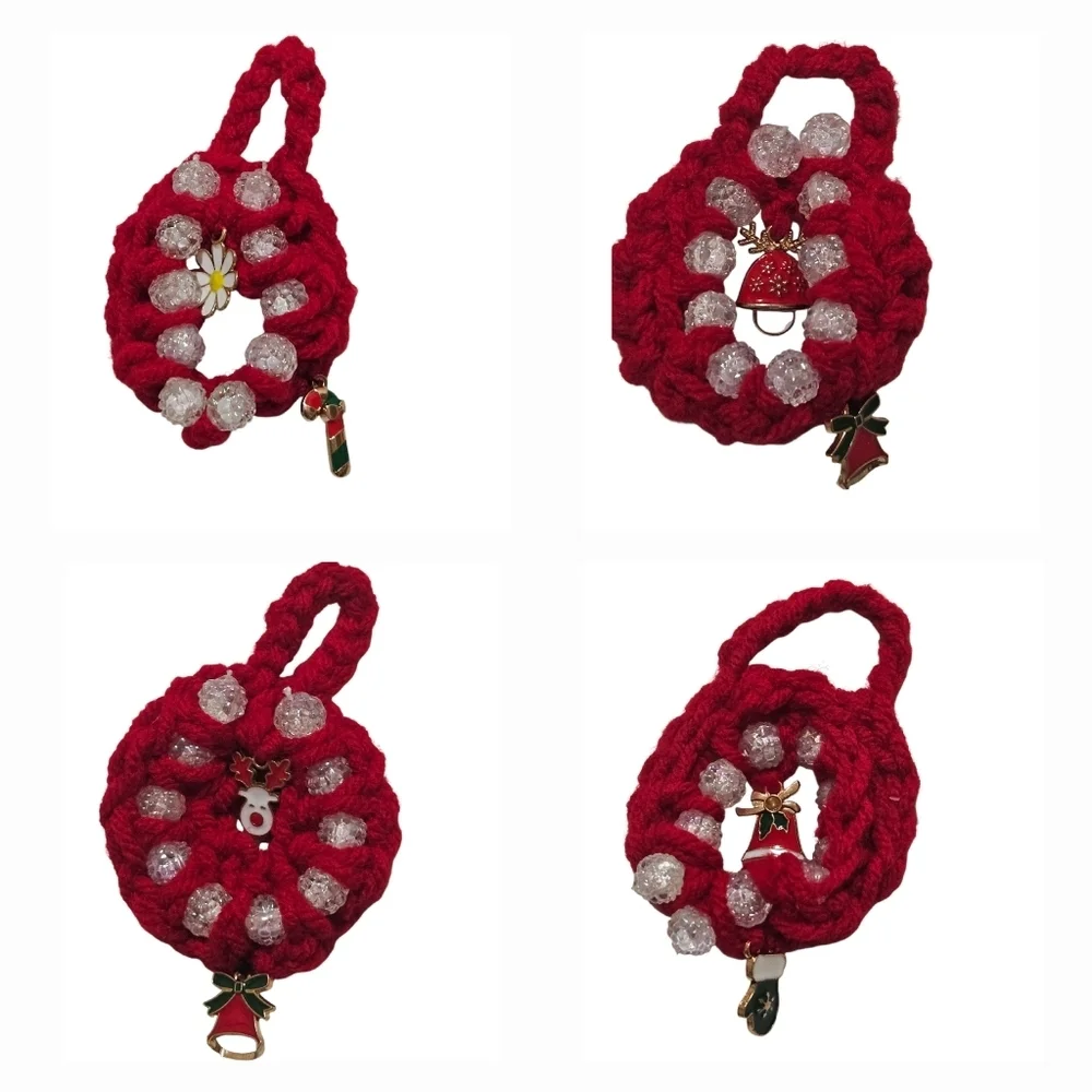 Hand Crafted Hand Crochet Christmas ornaments red beaded 8 mini holiday wreaths